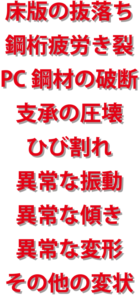 床版の抜け落ち
鋼桁疲労き裂
PC鋼材の破断
支承の圧壊
ひび割れ
異常な振動
異常な傾き
異常な変形
その他の変状