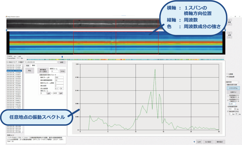 橋梁振動画像計測技術、回析フロー④（回析画面の様子）